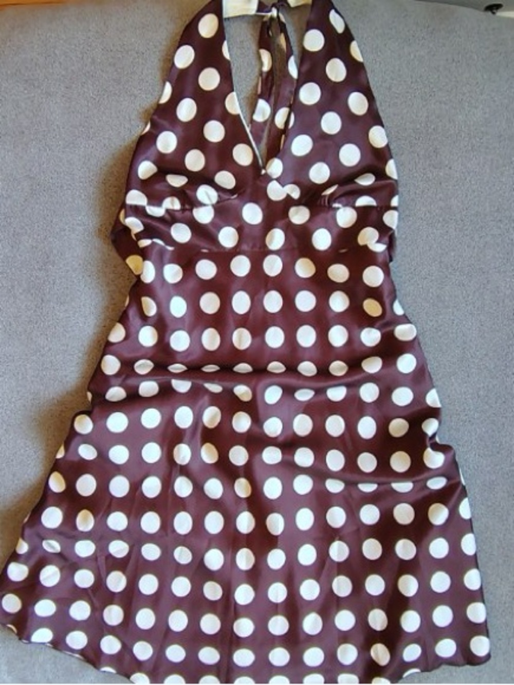 Vtg Y2K Polka Dot Dress Womens M Brown Halter Empire Waist Retro Pin Up Indie